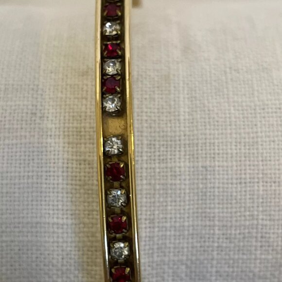 Gold Tone Solid Cylinder Bangle Bracelet Embellished With Red and Clear Crystal - Picture 5 of 6
